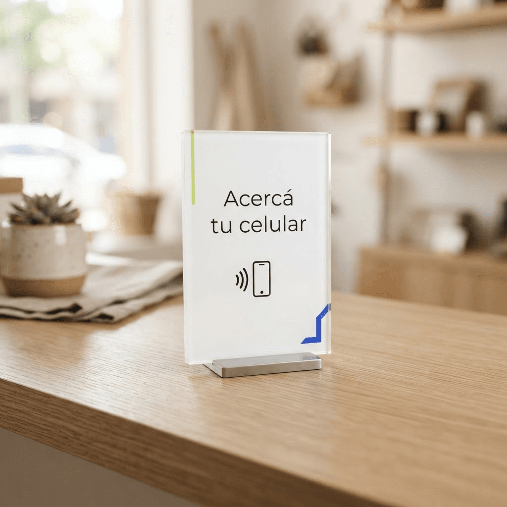 Cartel de mostrador con tecnología NFC para conectar clientes con un negocio